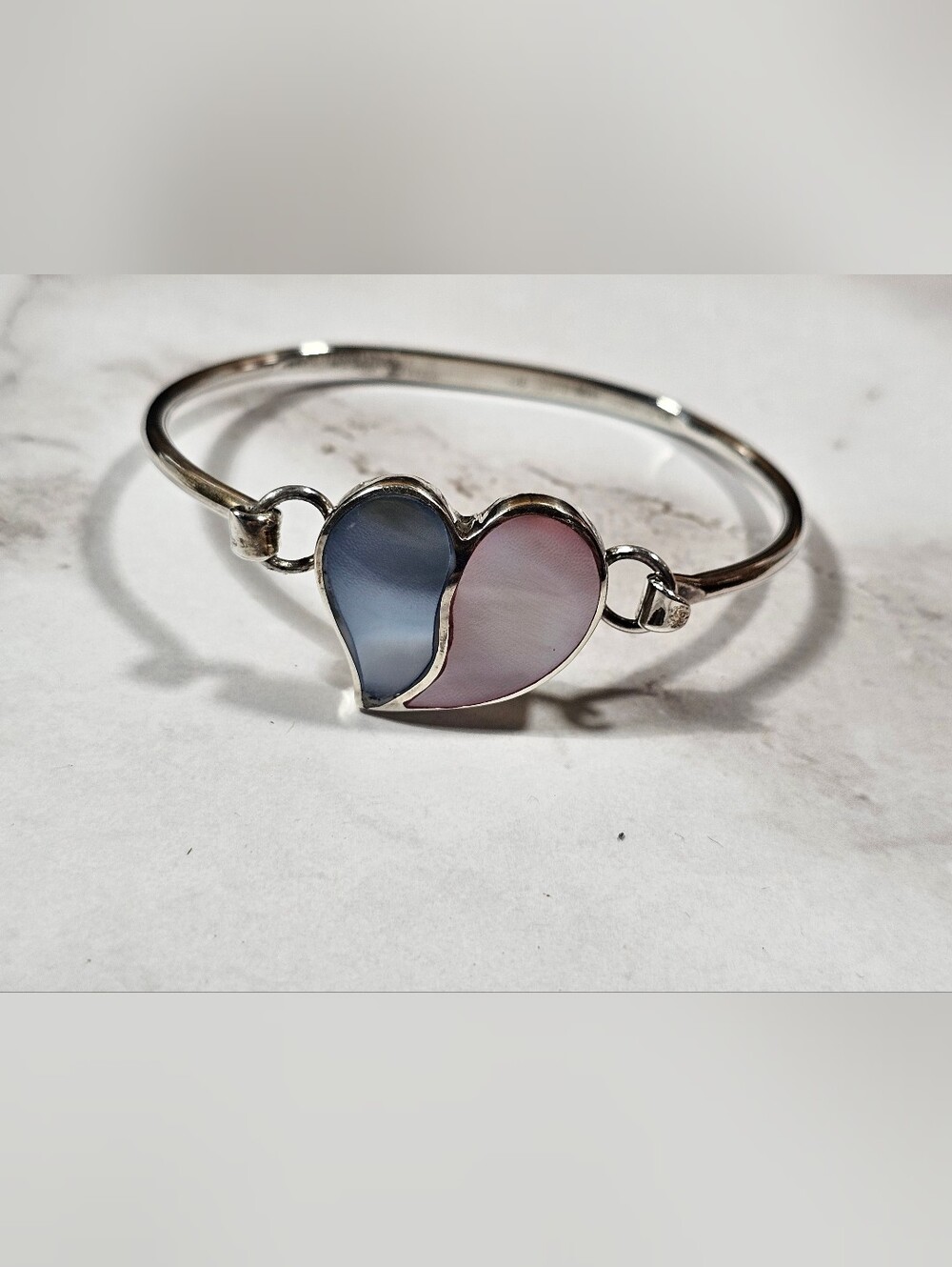 Vintage Sterling Inlaid Mother of Pearl Heart Hook-On Bracelet